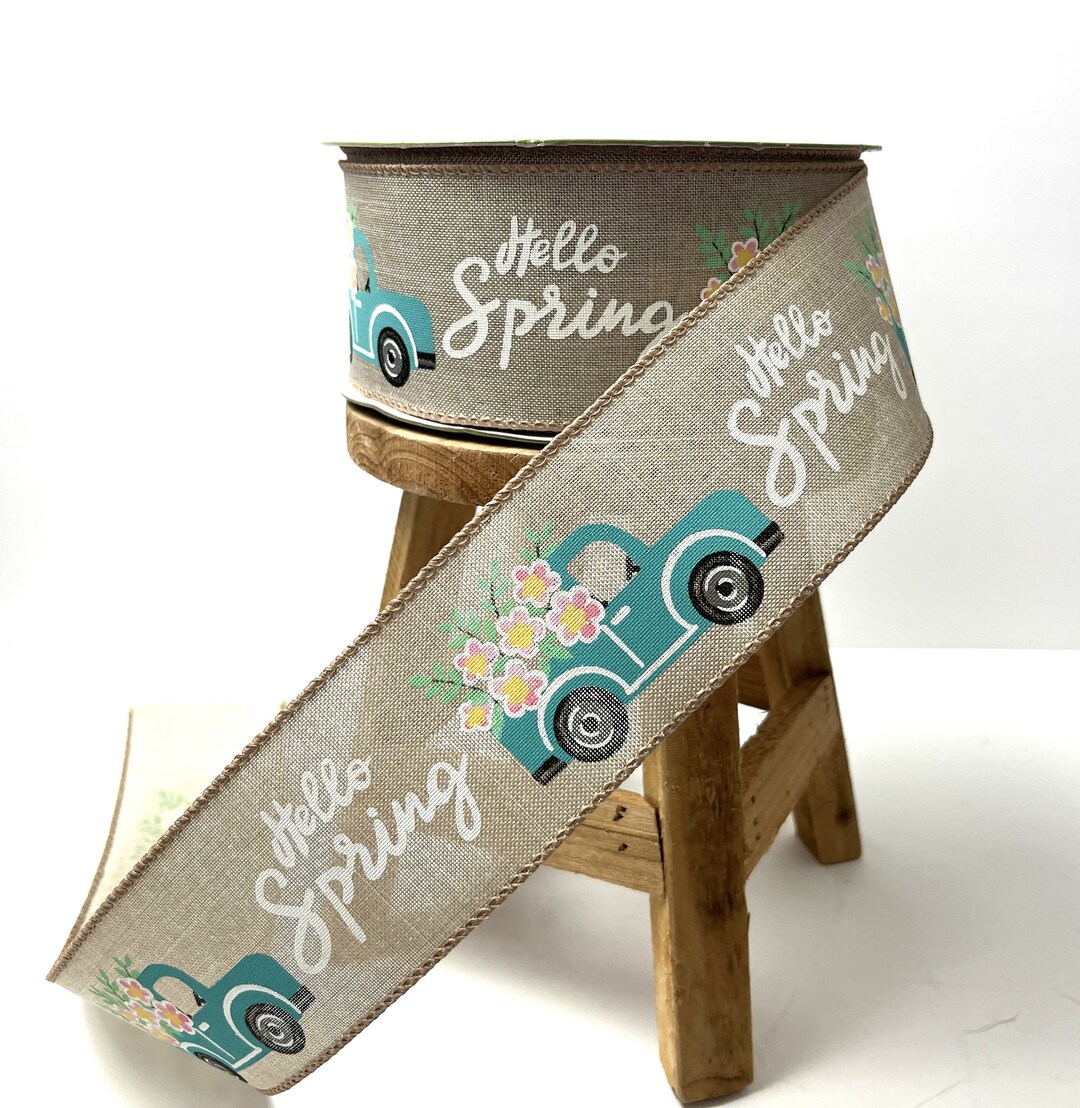 Hello Spring Ribbon: Vintage Turquoise Truck With Flowers, 2.5