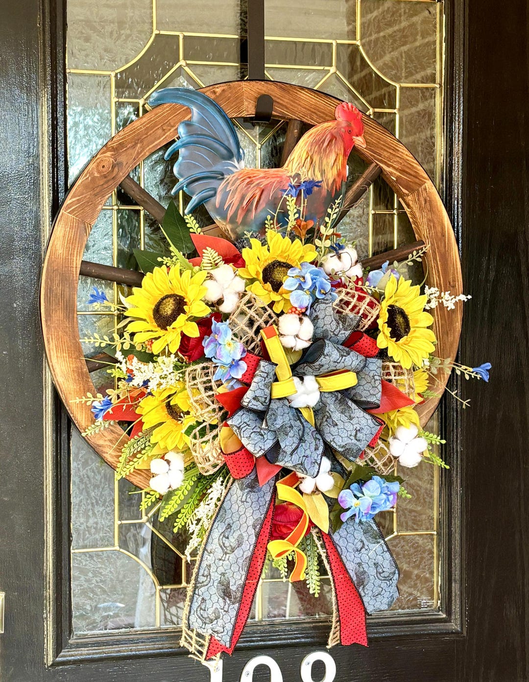 Farmhouse Rooster Wooden Wagon Wheel Wreath, Rustic Country Sunflower ...