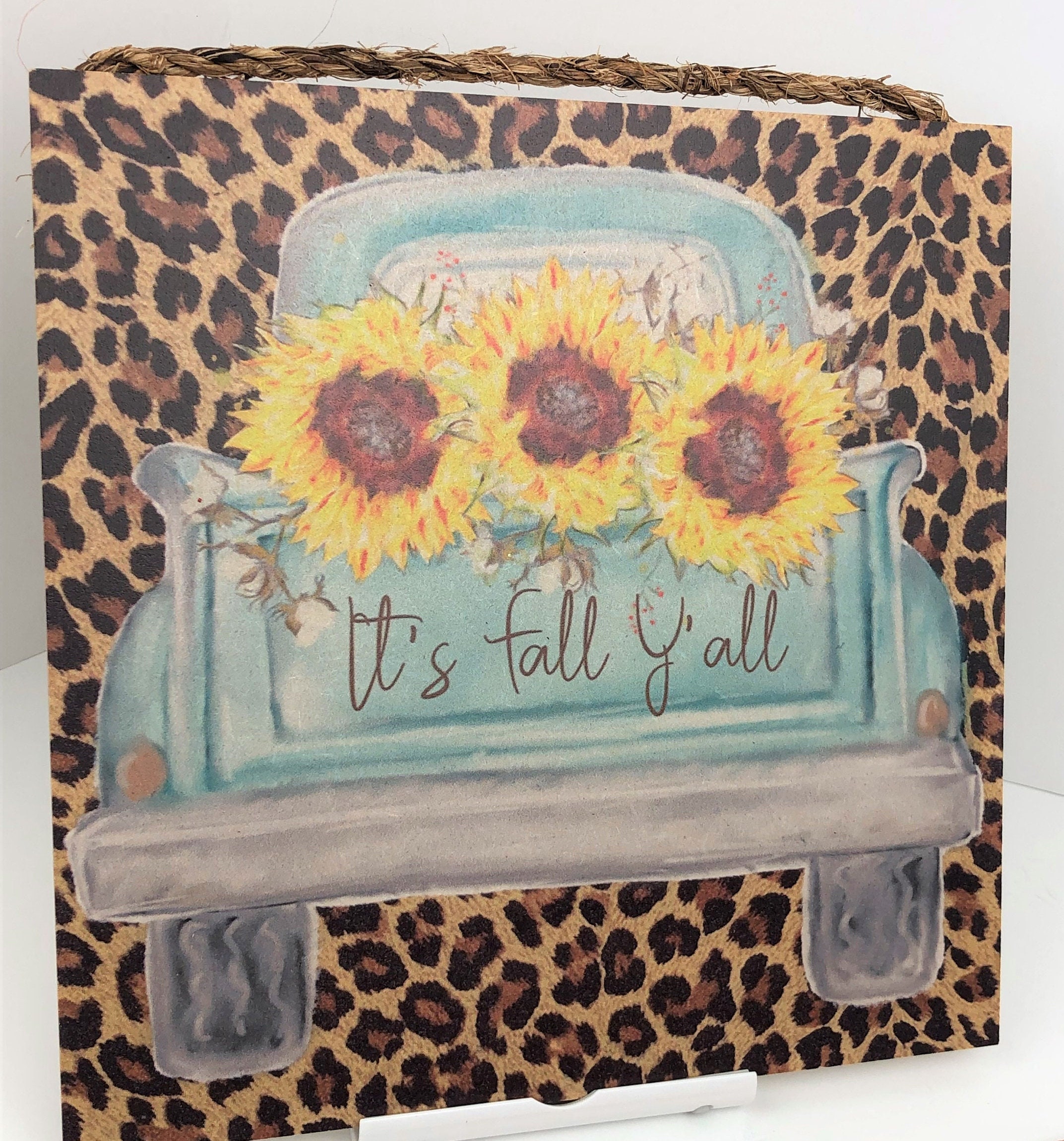 Fall Wooden Sign: Leopard Print, Blue Truck, Sunflowers