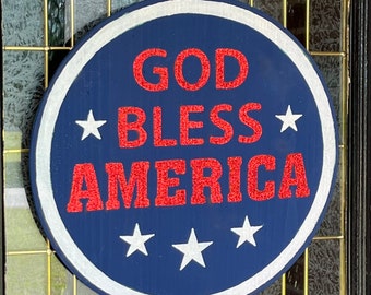 God Bless America Wooden Door Hanger: Glittered Patriotic Decor