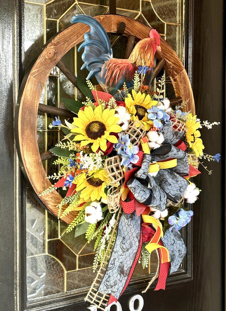 Farmhouse Rooster Wooden Wagon Wheel Wreath, Rustic Country Sunflower ...