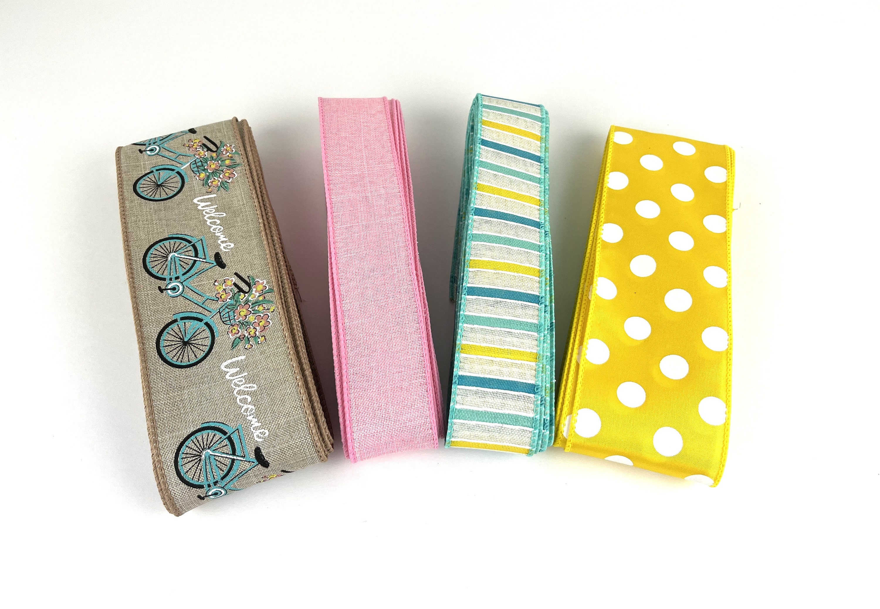 Vintage Blue Bike Ribbon Set: Floral Welcome, Pastel Pink, Yellow Dot ...