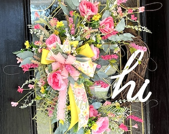 Welcome Everyday Grapevine Wreath, Spring Floral Wreath, Twig Wreath, Floral Door Decor, Hello Wreath, Door Hanger, Front Door Decor