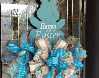 Blue Wooden Bunny Door Hanger, Easter Wall Decor, Welcome Door Hanger, Easter Wreath, Bunny Decor, Easter Door Decor, Bunny Wall Decor