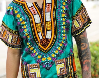 DE003 Dashiki African Unisex Shirt Cotton Variety Colors ( Dark green / Black,Yello)