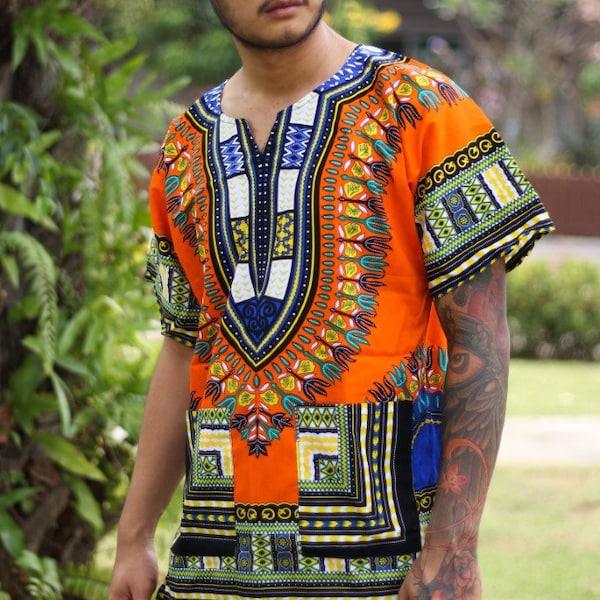 DE011 Dashiki African Unisex Shirt Cotton Variety Colors ( Orange / Black,Yellow )