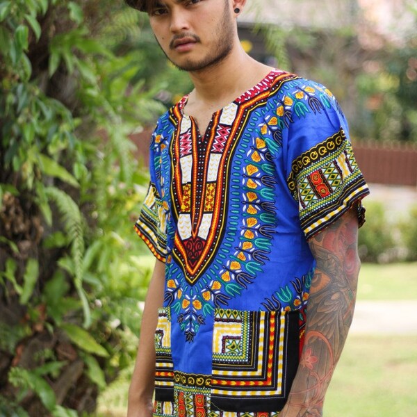 DE013 Dashiki African Unisex Shirt Cotton Variety Colors ( Dark Blue / Black,Red )