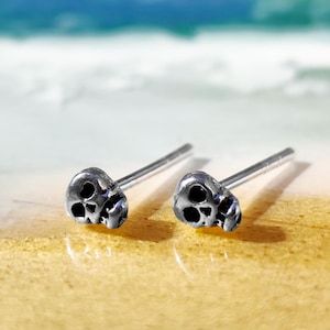 May include: Two small, silver skull stud earrings. Each earring has a detailed skull design with hollow eye sockets and a nose cavity. The earrings are set against a blurred beach background.
