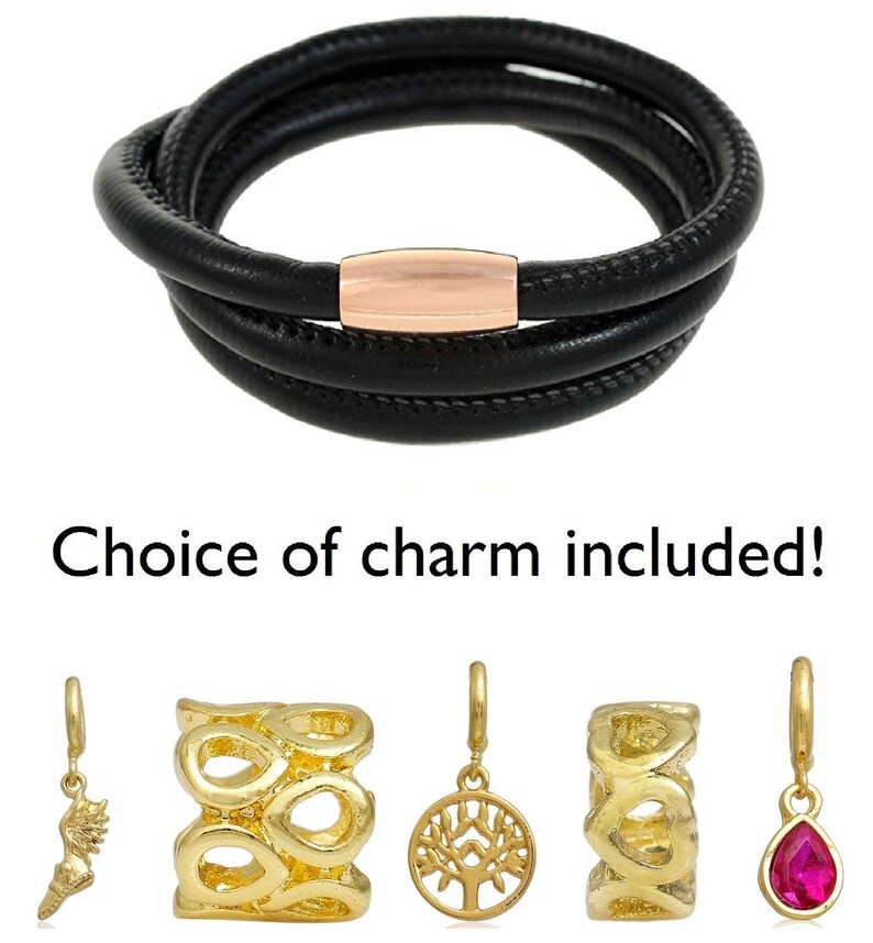 Triple Wrap Black Leather Rose Gold Magnetic Charm Bracelet Gold Plated Charm Starter Kit