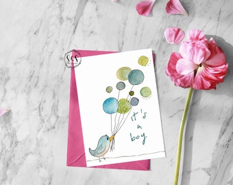 mit Storch in Rosa für Baby Mädchen Handgemachte Grußkarte zur Geburt mit Storch in Rosa für Baby Mädchen Handgemachte Grußkarte zur Geburt