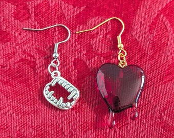 Vampire Fangs Bleeding Heart Earrings | Interview with the Vampire Fan Gift | Mismatched Gothic Halloween Jewelry | Twilight Vampire Diaries