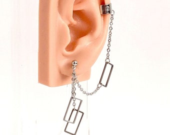 Rectangle charm earrings, chain cuff earrings, cool geometric earrings, edgy unique jewelry, funky unusual accessories, edgy punk aesthetic