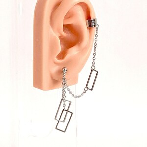 Rectangle charm earrings, chain cuff earrings, cool geometric earrings, edgy unique jewelry, funky unusual accessories, edgy punk aesthetic