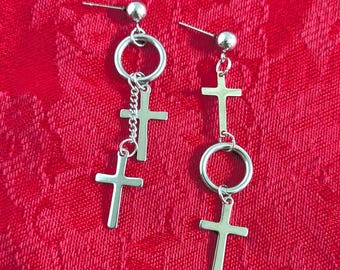 Asymmetrical Cross Earrings • Punk Dangle Hoop Earrings • Edgy Unisex Jewelry • K-Fashion Statement Cross Drop Earrings