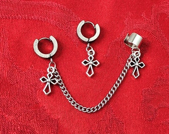 Cross hoop earrings, cool BTS Kpop earrings, punk dangle earrings, goth chain jewelry, funky alt fashion, chain ear cuff, chain hoop earring