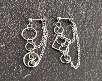 Mismatched Circles Chains Earrings Dangle Drop Pierced Earrings or Clip-On Earrings Hyoshi