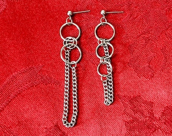 Kpop Earrings Mismatched Earrings Circles and Chains Earrings Unisex Earrings Dangle Drop Earrings Pierced Earrings or Clip-On Earrings