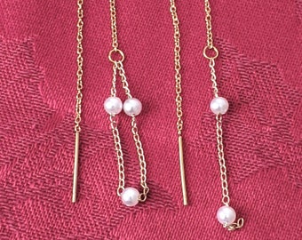 pearl threader earrings, mismatched gold earrings, pretty trendy earrings, delicate dainty earrings, irregular princess earrings, romantic