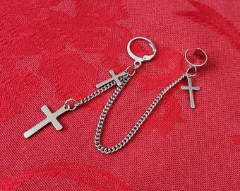 Triple Cross Chain Earring, Goth Punk Cuff Earring