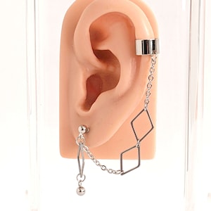 Kpop Cuff Chain Earring, Bevel Diamond Shape, lozenge geometric jewelry, cool statement trendy, non pierced cartilage cuff, punk cyber core