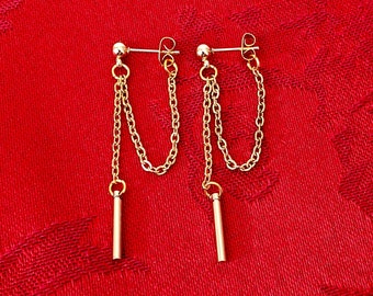 Gold Tassel Dangle Bar Earrings, front to back earrings, Kpop Earrings, Everyday Chic Gift, kdrama fashion, minimalist dangle drop earrings
