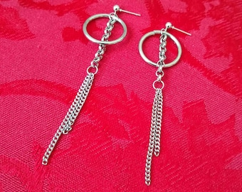 Large Circle charm Chains statement Earrings, unique fashionable gifts, cool pretty jewelry, trendy edgy aesthetic, unusual modern look