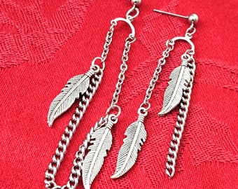 Feather charms earrings, cool chain earrings, funky mismatched earrings, unique tribal earrings, unusual dangle earrings, trendy jewelry
