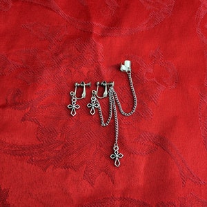 Kpop Earrings Clip-On Earrings Mismatched Cross Cuff Tassel Dangle Earrings (OR Pierced Earrings)