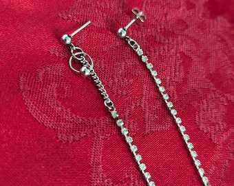 Long crystal chain earrings, mismatched rhinestone earrings, unique fashionable gifts, cool pretty earrings, trendy stylish jewelry, flirty