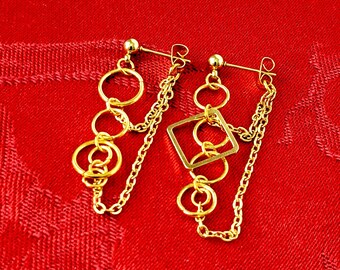 Gold geometric earrings, circle square charms, cool dangle earrings, trendy unique earrings, unusual alternative fashion, pretty earrings