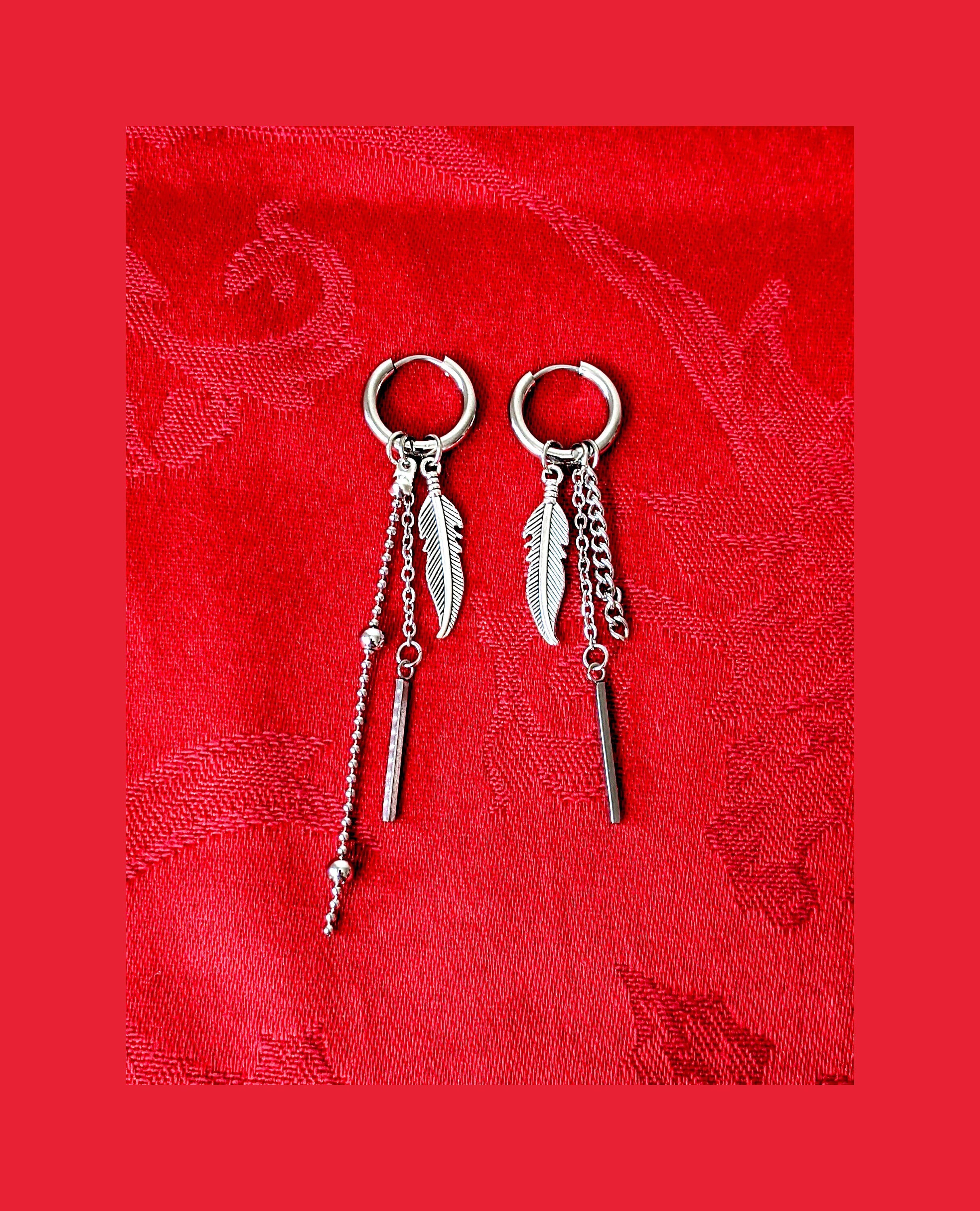 Kpop Earrings Mismatched Earrings Feathers and Chain Hoop Etsy