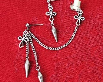 Cross and darts cuff chain earring, unique irregular earrings, chain cuff earring, mismatched cool earrings, punk grunge goth alt jewelry