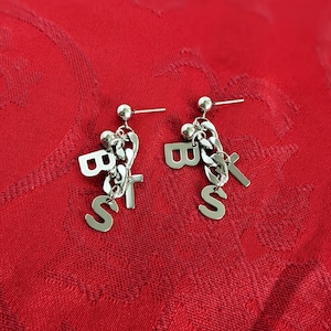BTS Earrings Chain Letter Earrings, unique Kpop jewelry, punk alt cyber core style, grunge goth emo, bangtan boys merch gift, cool dangle