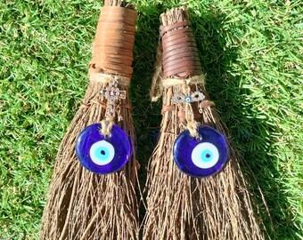 6" Cinnamon Broom with Double Charms | Glass Evil Eye | Jeweled Cross | Eye of Nazar Besom | Mal de Ojo | Spiritual Protection | Door Hanger