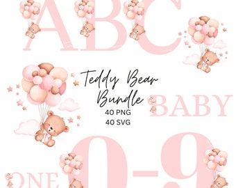 A-Z 0-9 Teddy Bear Balloon Bundle, Set Digital Images PNG and SVG, Bear Nursery Birthday Baby Shower Pink Clipart Download alphabet