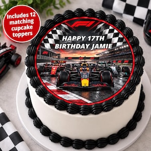 Formel 1-tårtdekoration Personlig F1-födelsedagstårtdekoration med 12 matchande cupcake-dekorationer, ätbar tårtdekoration för racerbilar