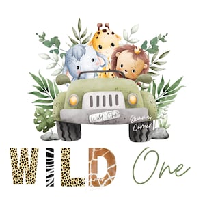 Watercolour Safari Car SVG Clipart, Watercolor Animals, Wild One PNG, Birthday Card image, Jungle Digital Clipart, JPG Sublimation Design