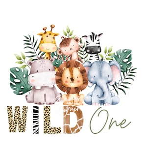 Baby Safari Animals Kids Car PNG, Watercolor Baby Animals, Wild One PNG, Birthday Card image, Instant Digital Download, T Shirt Print