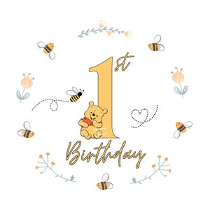 Baby Winnie de Poeh 1e verjaardag PNG, 1e verjaardag sublimatie ontwerp, beer clipart, eerste verjaardag Winnie ontwerp, Pooh beer, honingbij