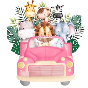 Bebê Safari Animais Rosa Selva Carro PNG, Aquarela Bebê Animais, Selvagem PNG, Imagem De Cartão De Aniversário, Download Digital Instantâneo