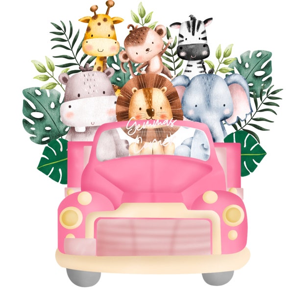 Baby Safari Animals Pink Jungle Car PNG, Watercolor Baby Animals, Wild One PNG, Birthday Card image, Instant Digital Download