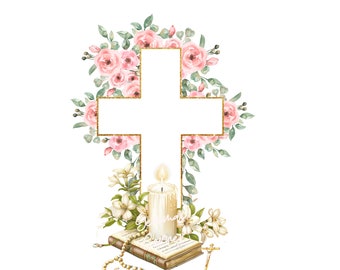 Rosa Blumen Heiliges Kreuz Sublimationsdesign, digitaler Download, Erste Heilige Kommunion PNG, Heilige Kreuz PNG, Konfirmation PNG