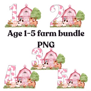 Fête des animaux rose anniversaire 1-5 ans PNG, fille fête à la ferme, téléchargement numérique instantané, conception en sublimation d'animaux de la ferme, 1er anniversaire de la ferme