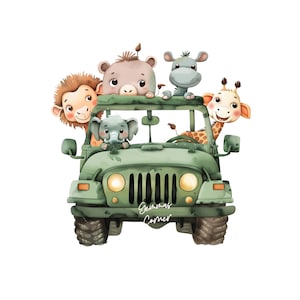 Baby Safari Animals Truck PNG, Cuccioli di animali ad acquerello, Design per sublimazione su maglietta, Immagine per biglietto di compleanno, Download digitale istantaneo, Cake Topper