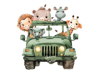Watercolor Baby Safari Animals Truck PNG, Sublimation Design (Digital Download)