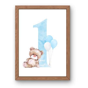 Teddy Bear Blue Balloons 1st Birthday PNG, First Birthday Sublimation ...