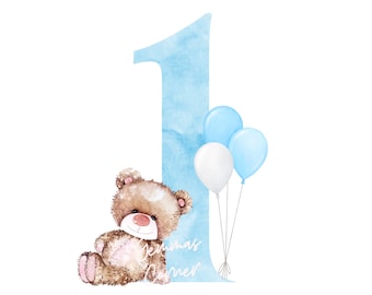 Teddy Bear Blue Balloons 1st Birthday PNG, First Birthday Sublimation ...