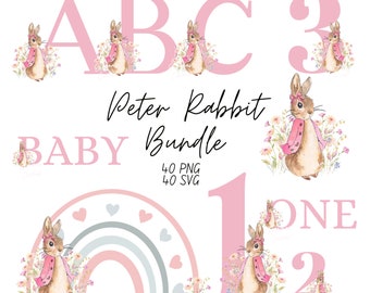 Peter Rabbit Bundle Ages 1-9 A-Z, Flopsy Bunny PNG, Set Digital Images, Nursery Birthday Baby Shower Girl Pink, Sublimation Clipart Download