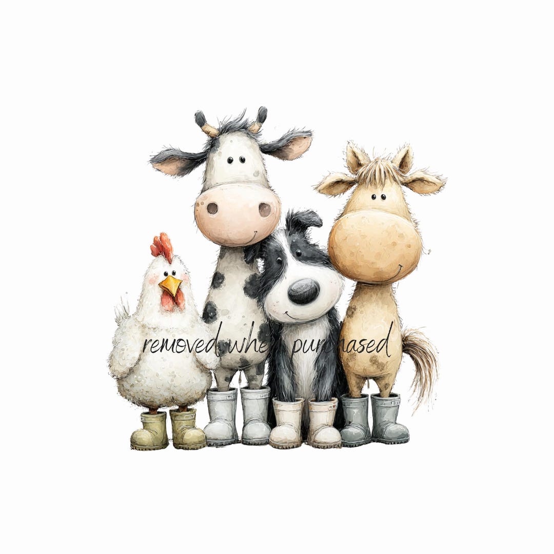 Watercolor Farm Animal Clipart: Cow, Horse, Chicken, Dog (PNG Digital ...
