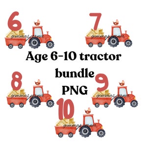 Paquete PNG de tractores de 6 a 10 años, diseño de camiseta de cumpleaños para primer cumpleaños de granja, descarga digital instantánea, diseño de sublimación de animales de granja